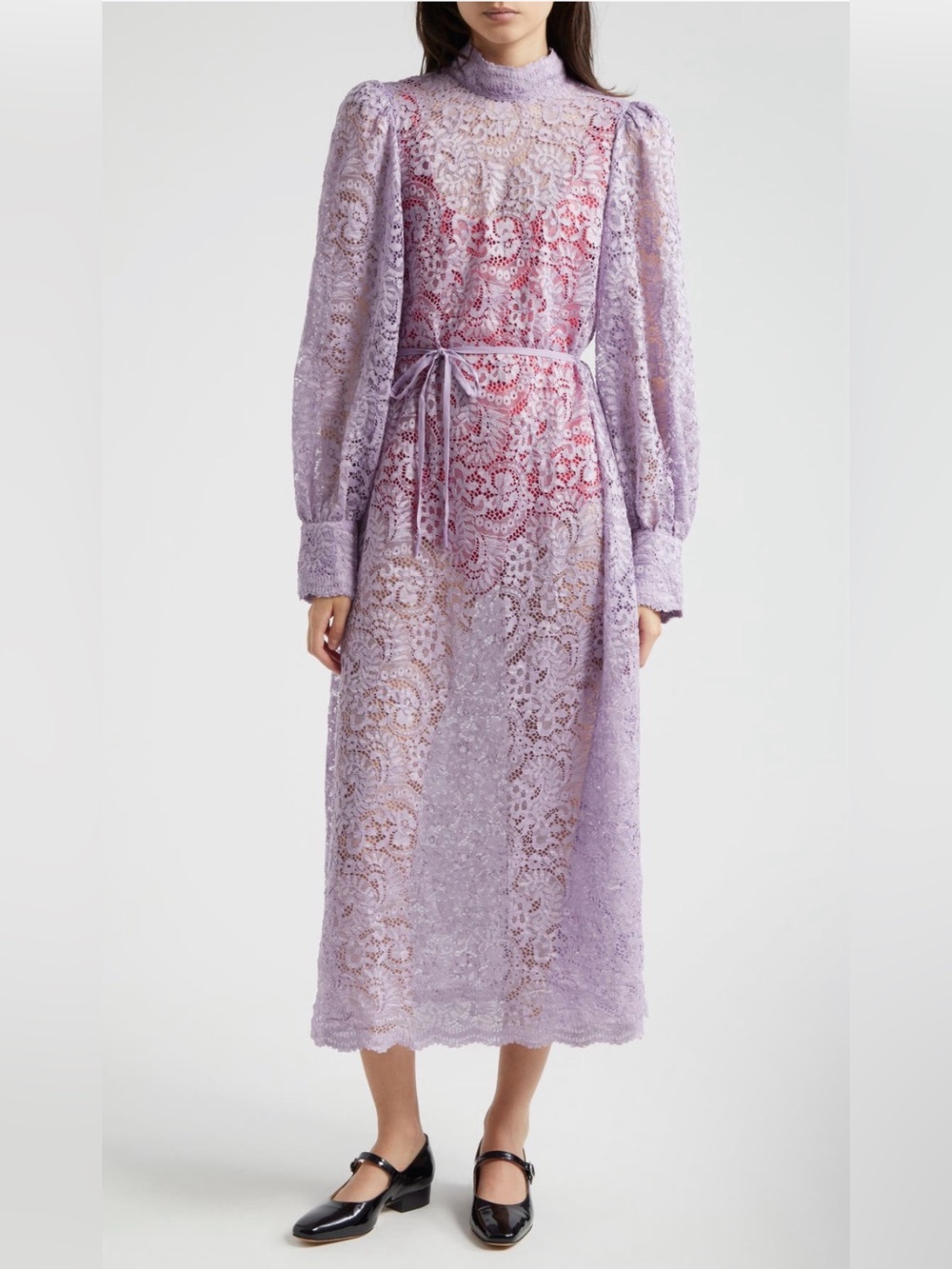 FARM Rio lilac floral lace long sleeve midi dress puffed sleeves *no belt*